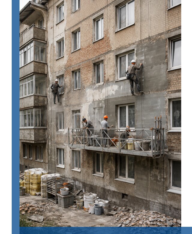 Капитальный ремонт фасада в Красном Сулине с восстановлением и гидроизоляцией