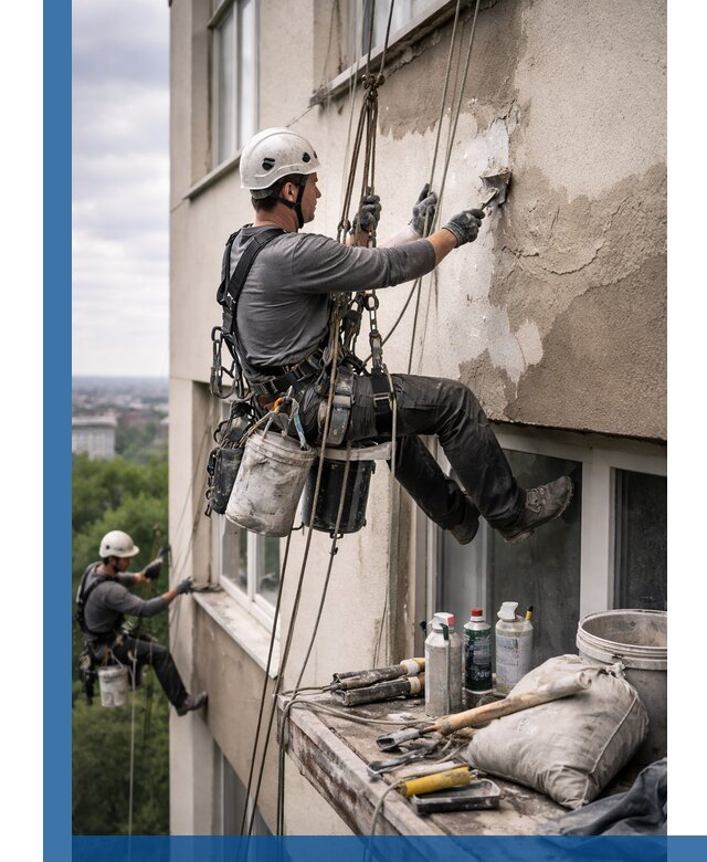 Косметический ремонт фасада зданий в Красном Сулине промышленными альпинистами