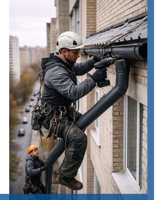 Монтаж водосточной системы на здании в Красном Сулине от 5103 р. | ВЫСОТНИК-Крл