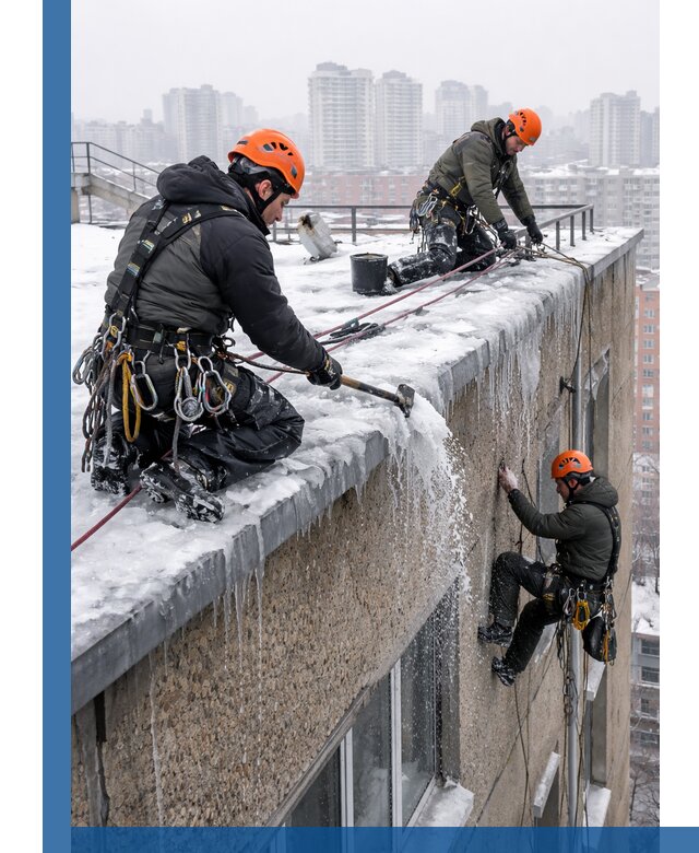 Удаление наледи с кровли в Красном Сулине промышленными альпинистами