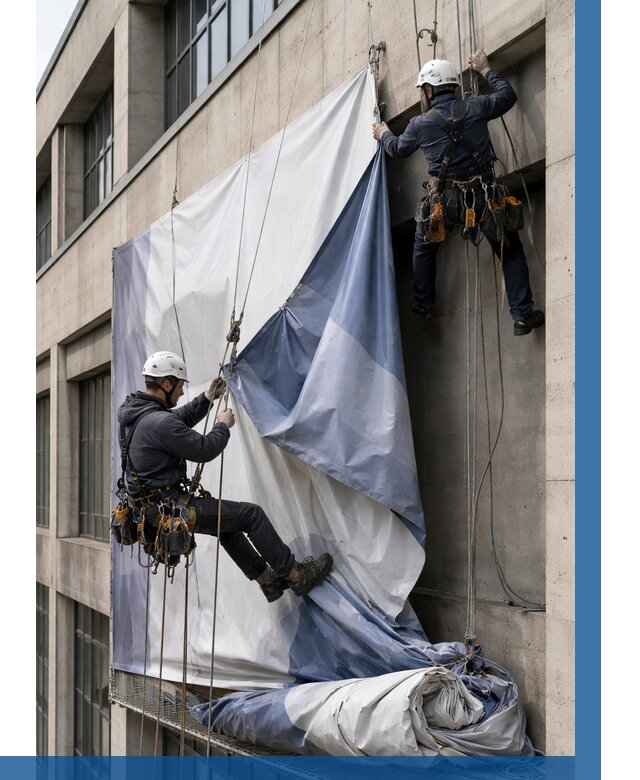 Демонтаж баннеров с фасада в Красном Сулине от 4593 р. | ВЫСОТНИК-Крл