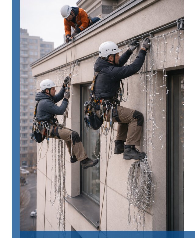 Монтаж праздничных гирлянд на фасаде в Красном Сулине для зданий