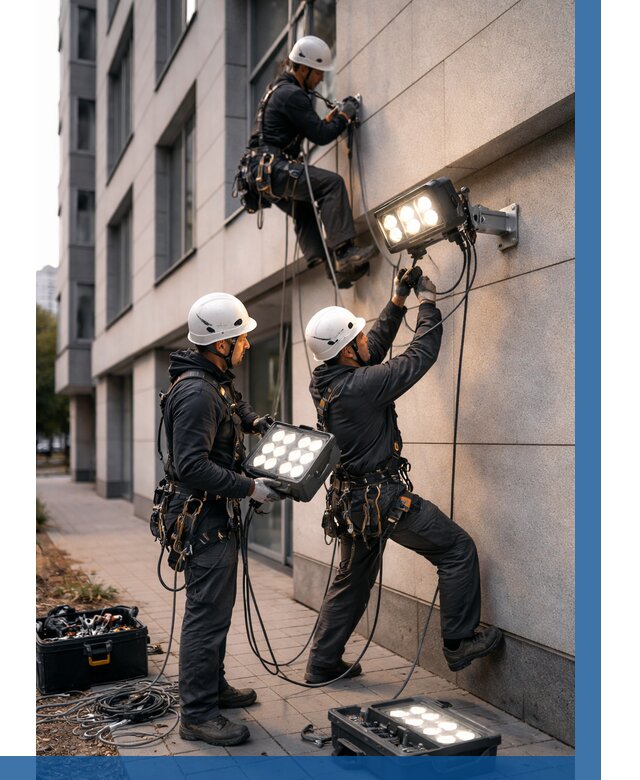 Монтаж прожекторов на фасаде в Красном Сулине от 7655 р. | ВЫСОТНИК-Крл