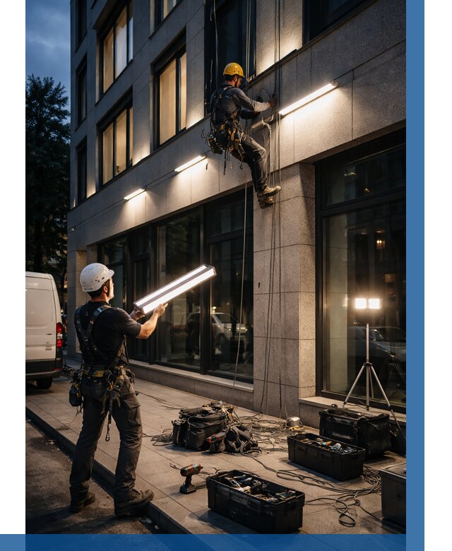 Монтаж архитектурной подсветки здания в Красном Сулине от 2552 р.|ВЫСОТНИК-Крл