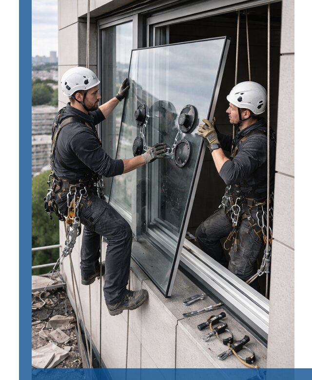 Замена стеклопакетов на высоте с промышленными альпинистами в Красном Сулине