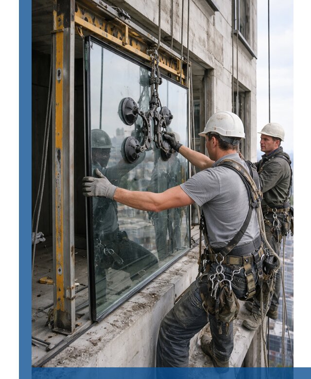 Монтаж стеклопакетов на высоте в Красном Сулине с промышленным альпинизмом