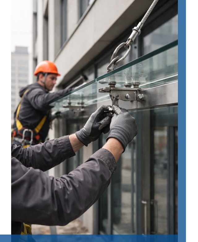 Монтаж стеклянных козырьков в Красном Сулине от 8675 р. | ВЫСОТНИК-Крл