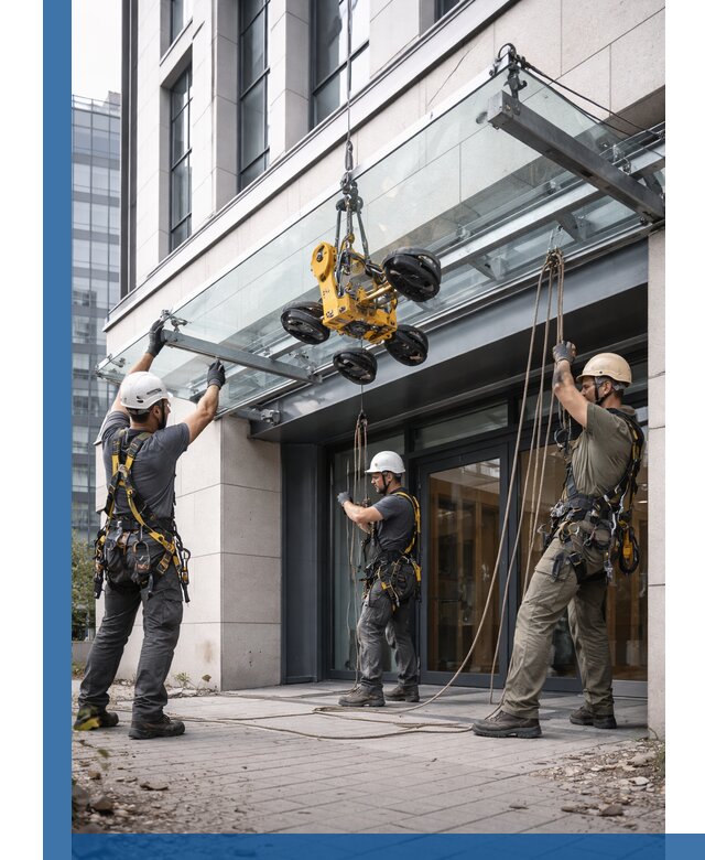 Монтаж стеклянных козырьков под ключ в Красном Сулине для зданий