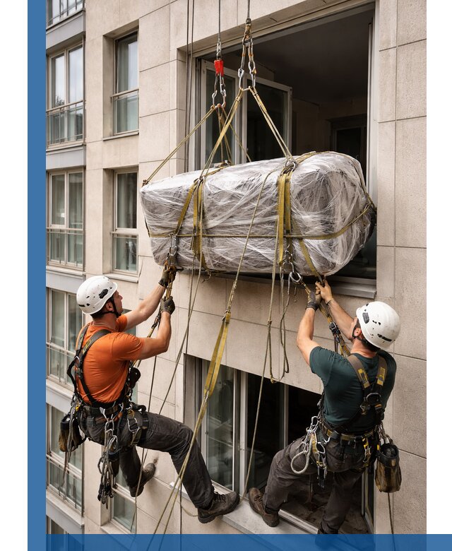 Подъем грузов через окно в Красном Сулине промышленными альпинистами