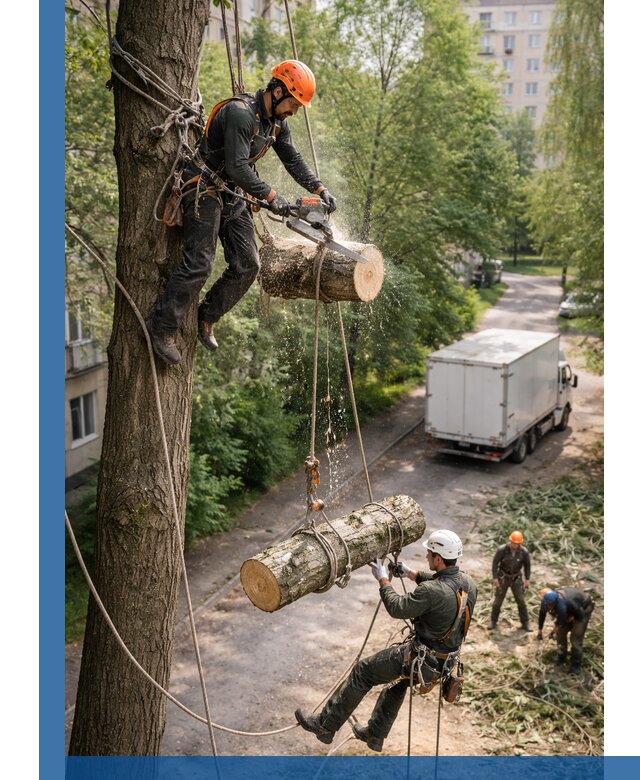 Спил деревьев альпинистами в Красном Сулине, безопасно и без повреждений