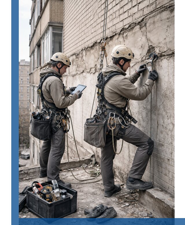 Обследование фасада промышленными альпинистами в Красном Сулине